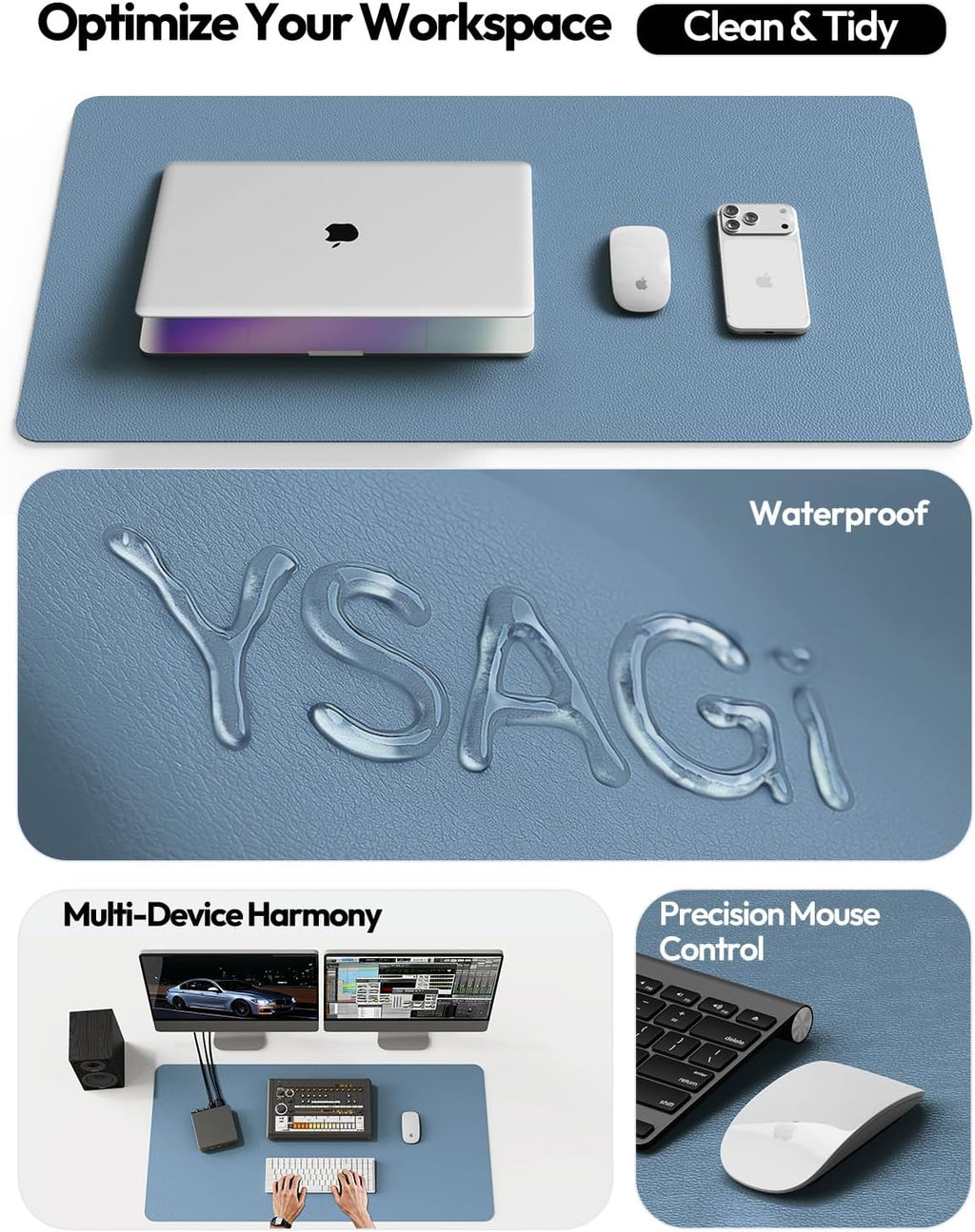 YSAGi Leather Desk Pad Protector, Office Desk Mat, Large Mouse Pad, Non-Slip PU Leather Desk Blotter, Laptop Desk Pad, Waterproof Desk Writing Pad for Office and Home (Blue, 47" x 17") - Image 8
