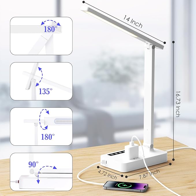 Infiway LED Desk Lamps for Home Office: Desk Lamp with USB Charging Port - 1 USB-A, 1 Type-C Ports, 2 AC Power Outlets, Touch Control Dimmable 5 Color 5 Brightness, Night Light(White) - Image 7