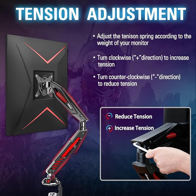 MOUNT PRO Single Gaming Monitor Stand - Mechanical Spring Display Mount, Adjustable Gaming Monitor Arm with C Clamp and Grommet Mounting Base - Fits for Computer Screen up to 32”, VESA 75x75, 100x100 - Image 7