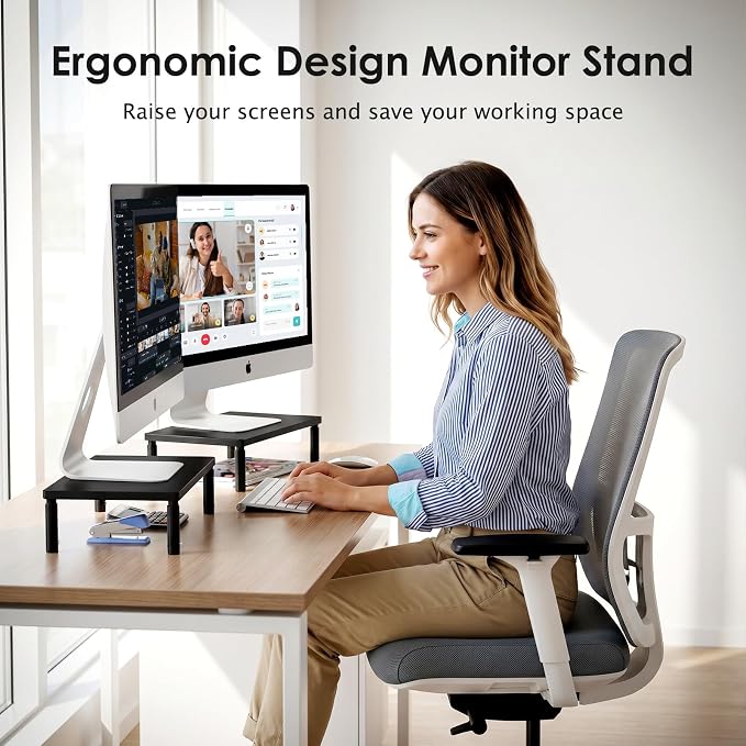 ECOLOVI Adjustable Wood Computer Monitor Stand Riser, Office Desk Organizer and Accessories for Monitor, Laptop, PC, Printer, Office Desk Accessories Workspace Organizer for Home Office Supplies, Black - Image 3
