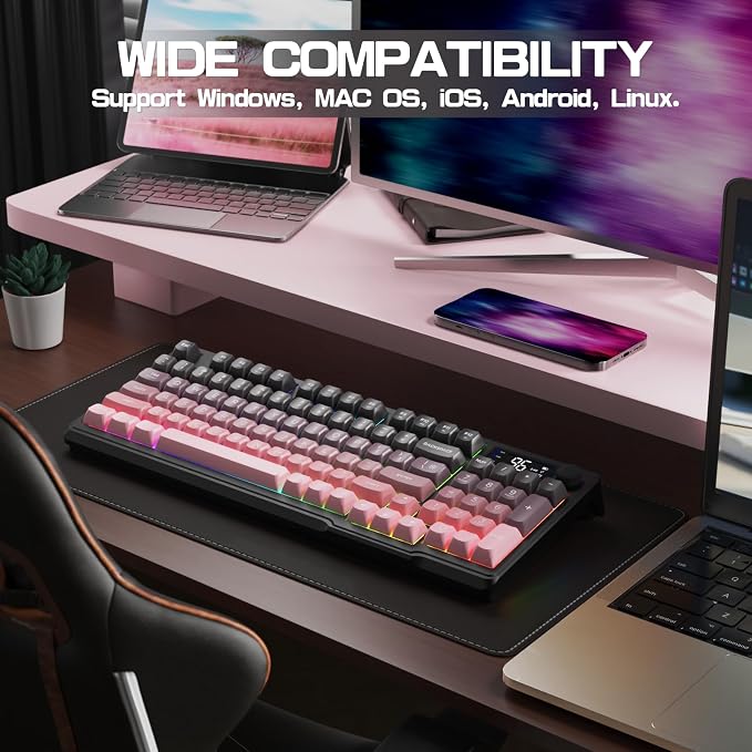 LexonElec M96 Wireless Keyboard, Low Profile Quiet Typing Membrane Gaming Keyboard with Smart Display & Knob, RGB Backlit, USB C Rechargeable, 94 Keys PBT Keycap for Windows PC, Mac, Linux-BlackBerry - Image 9