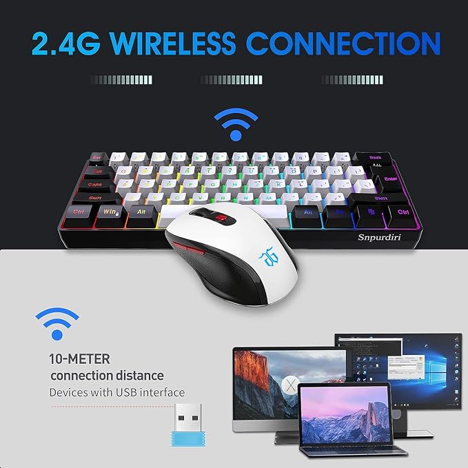 Snpurdiri 2.4G 60% Wireless Gaming Keyboard and Mouse Combo, Black-White | Include Mini 60% Gaming RGB Backlit Keyboard, Ergonomic Vertical Feel Small Wireless Mouse - Image 2