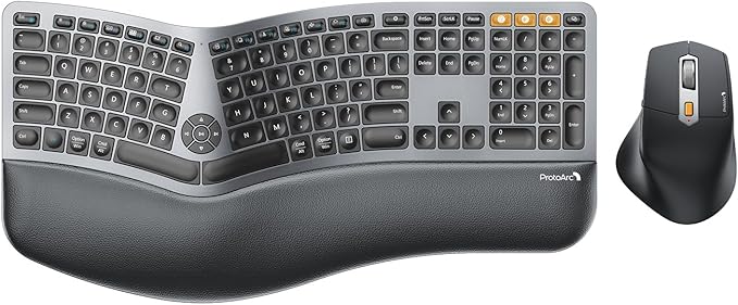 ProtoArc EKM01 Plus Wireless Ergonomic Keyboard Mouse Combo - Gray Black | Full-size Split Keyboard with Cushioned Wrist Rest, Ergonomic Mouse, 3-Device Bluetooth/2.4G, USB-C Rechargeable by ProtoArc