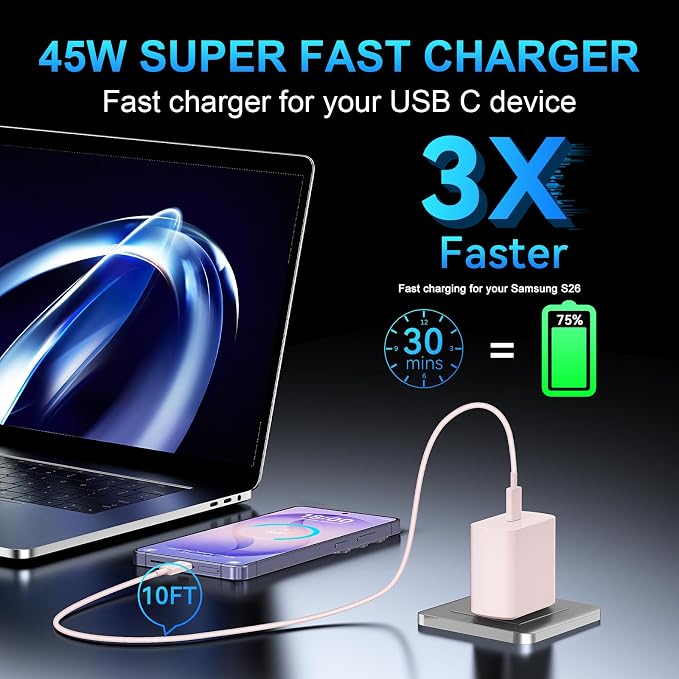 45W USB C Super Fast Charger Type C Charger Fast Charging Android Phone Charger Block with 10FT Type C Charging Cable for Samsung Galaxy S26 Ultra/S26/S26+/S25/S25 Ultra/S25+/S24 Ultra/S23 Ultra/S22 - Image 6