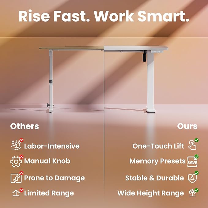 HUANUO 43x24 Inch Electric Standing Desk, Height Adjustable, White | 176 Lbs Capacity, Smooth Home Office Desk, 4 Memory Presets & Headphone Hooks, 28.3–46.5 Inch Height Range, Easy to assemble - Image 6