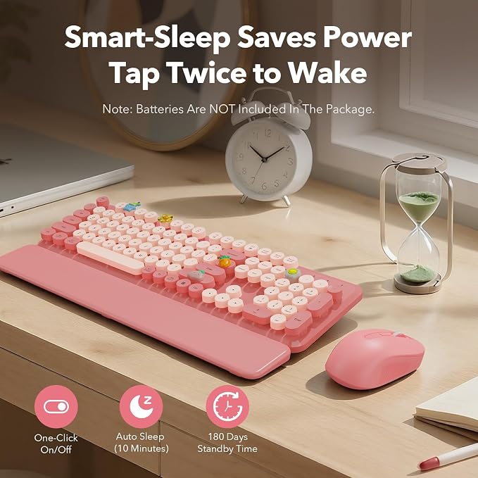 Wireless Keyboard and Mouse Combo, Cute Full-Size Retro Typewriter Keyboard with Round Keycaps, Magnetic Wrist Rest, Tilt Legs, 2.4GHz Cordless for Mac, Windows PC, Laptop, SABLUTE CK23, Baby Pink | Full-Size Retro Typewriter-Style Keyboard, Tilt Legs,... - Image 5