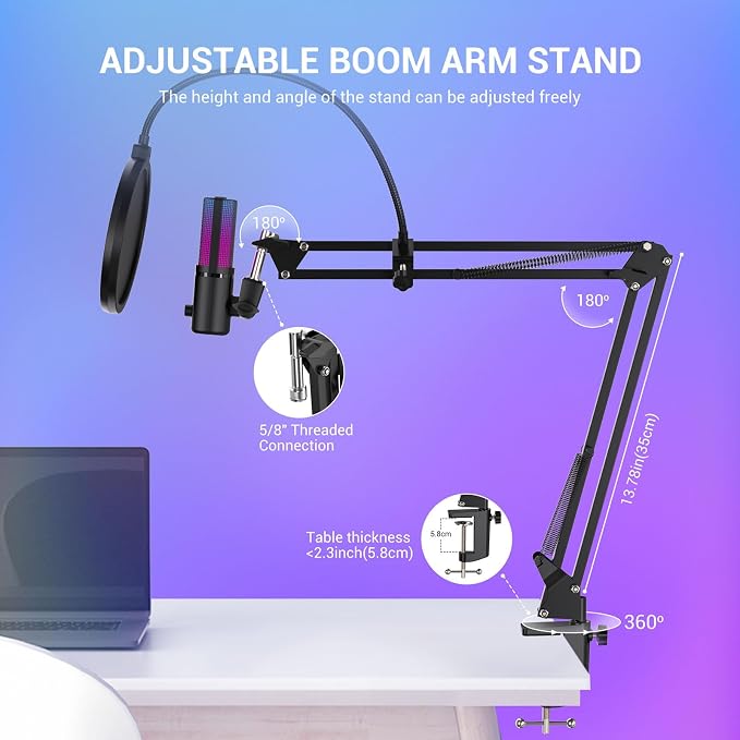 Gaming USB Microphone, RGB Condenser mic with Mute, Gain, Monitoring, Boom Arm for Streaming, Podcast, Twitch, YouTube, PC, Computer, PS5, (M160+) - Image 6