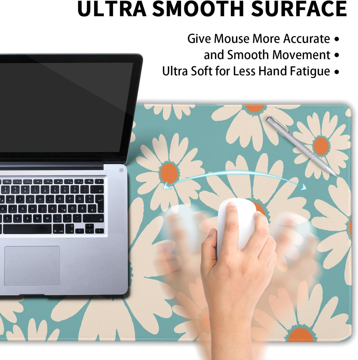 Cute Daisy Flowers Mouse Pad Gaming 31.5x11.8 in Floral Desk Mat Extended Anti-Slip Big Mousepad With Stitched Edges White Daisy Keyboard Pad Mouse Mat Blue for Computer Work Gaming - Image 5