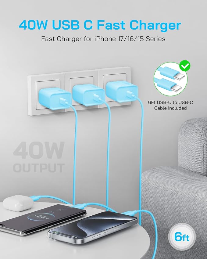 GUUSMART 40W iPhone 17/16/15 Charger Fast Charging 3 Pack Type C Chargers | USB C Charger Block for iPhone 17/16/15 Pro Max, 17/16/15 Plus, iPad Pro with Long 6 FT iPhone Charger USB C Cable-Blue - Image 4