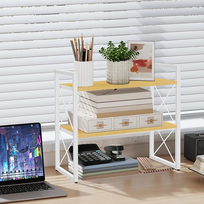 YINMIT Desktop Shelf Organizer, 2 Tier Office Shelves, Wood Desk Organizer Storage Rack and Freestanding Display Shelf for Office, Dormitory, Home (White Wood) - Image 2