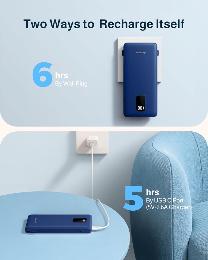 charmast 10000mAh Portable Charger with Built-in Cables and AC Wall Plug | Slim All-in-One USB-C Power Bank, Charge Up to 4 Devices at Once, Travel Essential, Compatible with iPhone, Samsung, Android - Image 6
