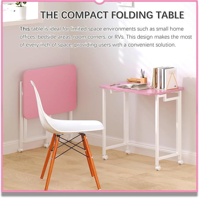 4NM 23.6" Mobile Small Rolling Computer Desk, Folding Laptop Cart Table with Wheels, Portable Office Desk for Small Space Couch Bed - Pink and White - Image 3