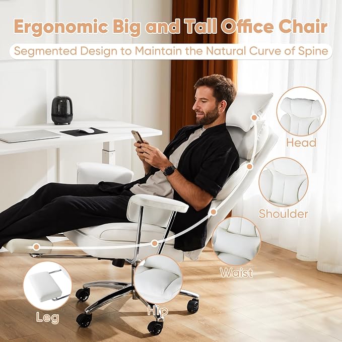 Sweetcrispy Executive Home Office Chair, Ergonomic Desk Chair | Big Tall High Back, Lumbar Support, Reclining Height Adjustable, PU Leather, Computer Gaming, Footrest Swivel Wheels, White - Image 4