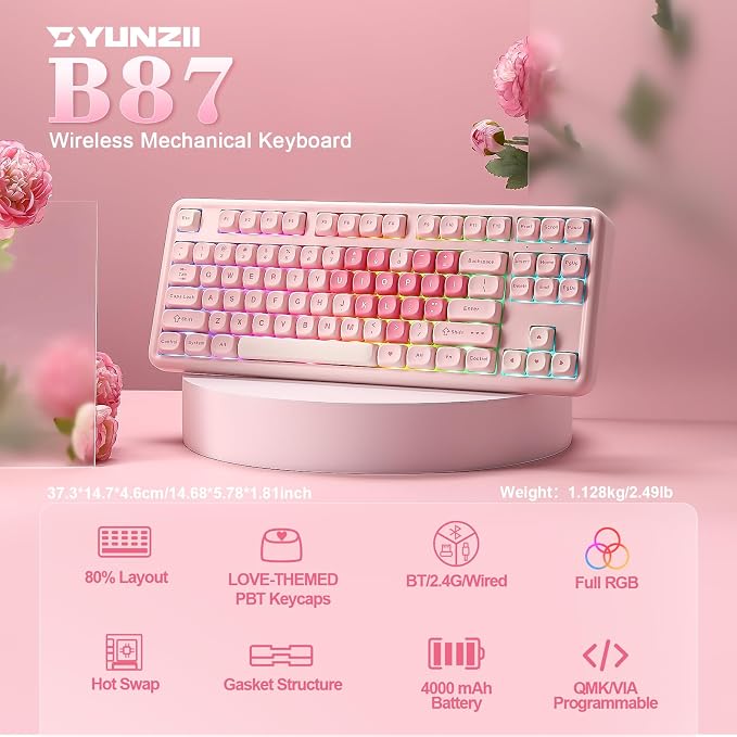 YUNZII B87 TKL Wireless Mechanical Keyboard (Pink, Milk Switch) | QMK/VIA, Wrist Rest, CreamyTyping, Cute MOA Keycaps, Gasket Mount, Hot Swap, RGB Backlit, NKRO, BT/2.4G/USB-C, for Win/Mac - Image 2