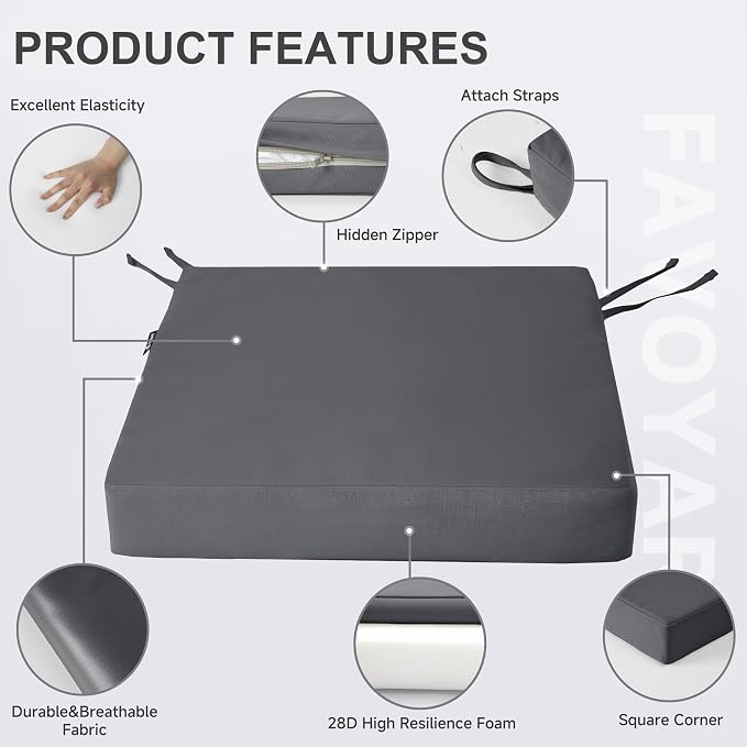 Favoyard Patio Chair Cushions 17 x 16 x 2 Inch Waterproof Outdoor Seat | Cushions for Patio Furniture 3-Year Color Fastness Garden Sofa Couch Pads with Adjustable Straps Set of 2, Dark Grey - Image 6