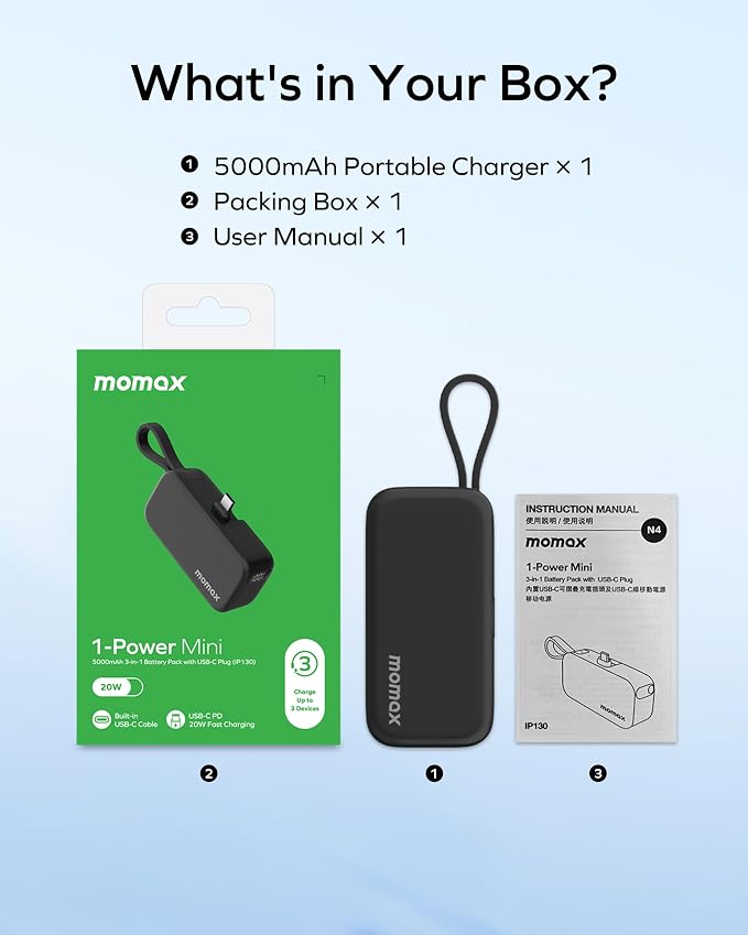 MOMAX Portable Charger 5000mAh Small Power Bank Wireless Portable Charger | PD 20W Fast Charging, 3 USB-C Port, LED Battery Display, Mini, Smart Temperature Control for iPhone 17 16 15 Pro Max, Black - Image 8