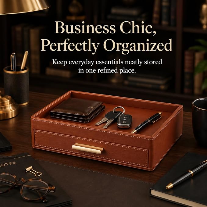 GORESE Leather Valet Tray with Drawer for Men, Nightstand Organizer, Brown | Vegan Leather, EDC Desk Organizer Tray for Jewelry Cologne Watch Wallet Key, Catchall Tray for Dresser Entryway Table Bedside - Image 2