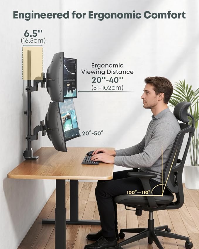 Dual Ultrawide Monitor Mount for 24-57'' Screens, Max Load 59.4 lbs per Arm | Vertically Stacked, Heavy Duty, Aluminum, Fully Adjustable, Topside Clamp/Grommet Mounting, VESA 75/100 mm, Black - Image 4