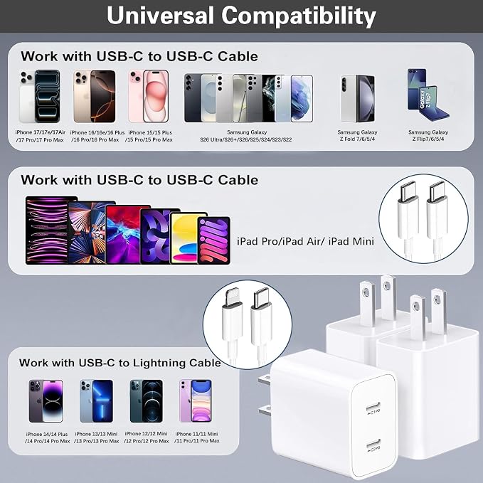 USB C Fast Charger Block,USB C Charging Block 3-Pack Type C 2in1 Dual Ports Plug Wall Charger,Fast Type C Charger for iPhone 17/17 Pro/17 Pro Max/Air/16E/16 Plus/16 Pro Max/15/14/13/12/11/Xs Max/XR/X - Image 5