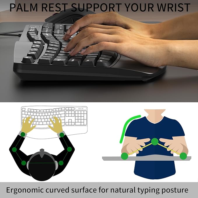 RECCAZR Ergonomic Keyboard, Wired Computer USB Keyboard with Wrist Rest | Spill-Resistant, Wave Keys for Natural Typing, Compatible with Windows/PC/Laptop(Black) - Image 3