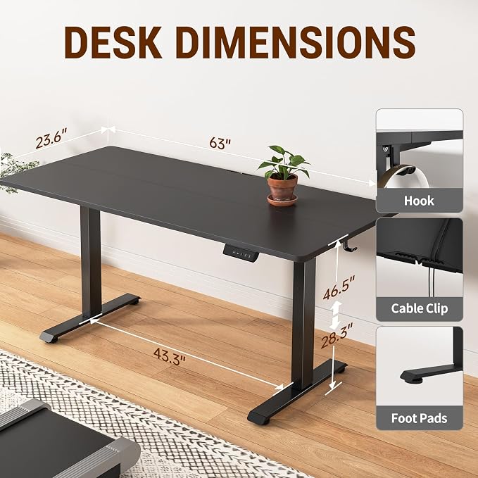 Veken 63×23.6 Inch Large Electric Standing Desk, Gaming Table, Black | Height Adjustable Sit Stand Up Computer Tables for Home Office, Study , Writing, Suit students, employees and group work - Image 2