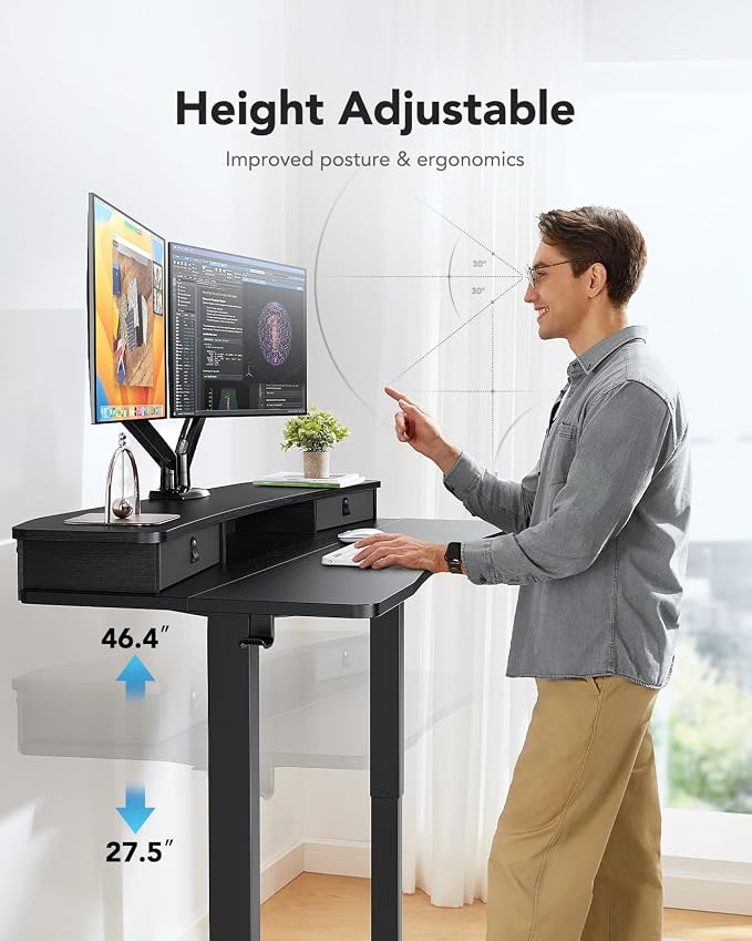 HUANUO 48″ x 28″ Electric Standing Desk with 2 Drawers, C-Clamp Mount Compatible, Height Adjustable Computer Desk, Home Office Stand Up Desk with 4 Preset Heights & 2 Hooks, Black - Image 8