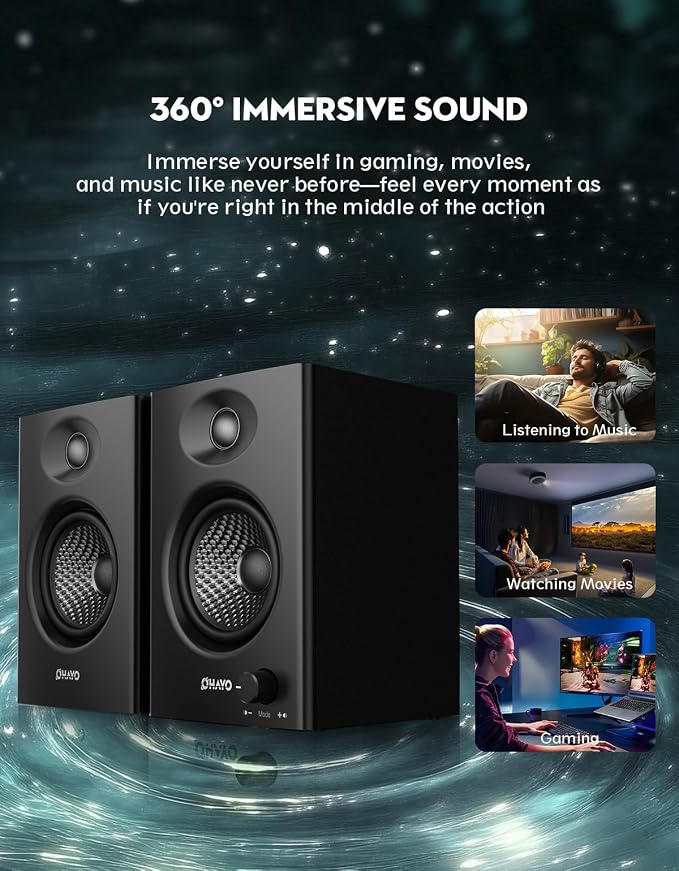 OHAYO 60W Computer Speakers for Music and Gaming, Active Bluetooth 5.3, Stereo 2.0 Speakers for Desktop PC or Laptop, 3.5mm Aux RCA USB Input, 1 Pair, Black - Image 4