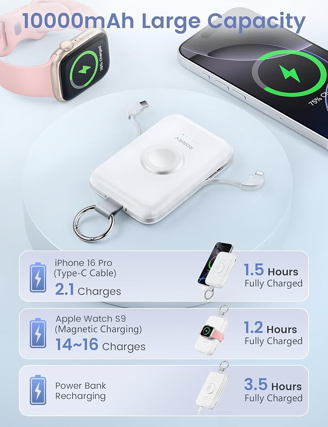 RORRY CharmGo Portable Charger, 10000mAh 20W Fast Charging Power Bank | Built-in Cables, Travel Keychain Battery Pack Essentions for Apple Watch 1~11 Series/Ultra/SE & iPhone Air/17/16/15/14/13/12 - Image 5