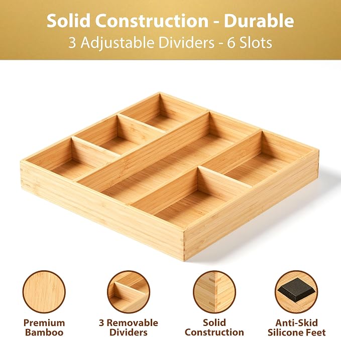 Bamboo Desk Drawer Organizer, Wood Office Junk Tray, 12"x12" | 1.8" Tall for Shallow Drawer - Adjustable dividers - Anti Slip Silicone Pads - Versatile Storage Box in Kitchen, Pantry - Image 5
