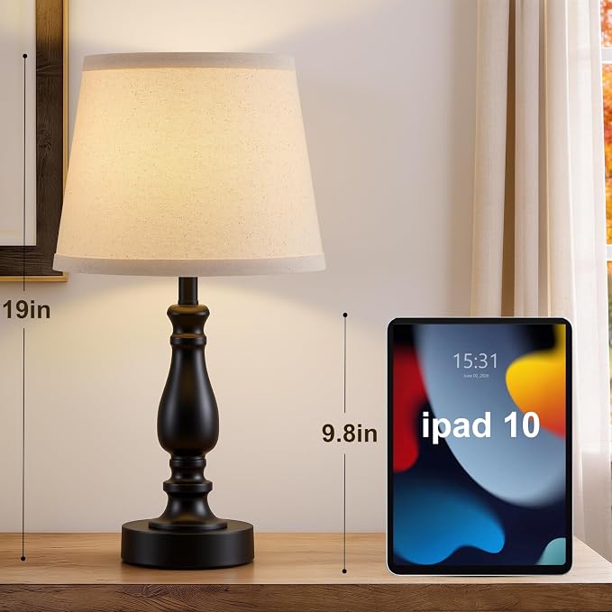 Lamp for Bedroom Set of 2 - 19" Small Bedside Table Lamps with Rotary Swithch - Modern Lamps for Living Room Night stands - Desk Lamps for Home Office End Tables with Fabric Linen shade for Reading - Image 2