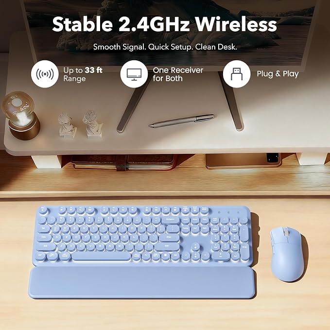 Wireless Keyboard and Mouse Combo, Backlit Round Keycaps, Retro Typewriter Keyboard with Detachable Wrist Rest, Rechargeable & Tilt Legs, 2.4GHz Cordless Connection for Windows/PC (Glowing Purple) | Rechargeable & Tilt Legs, Full-Size Typewriter-Style,... - Image 7