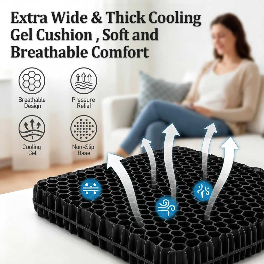 Gel Seat Cushion for Long Sitting – Double-Layer Honeycomb Cooling Chair Pad, Thick Supportive Gel Cushion with Breathable Non-Slip Cover for Office Chair, Car, Wheelchair & Long Sitting（Black） - Image 5