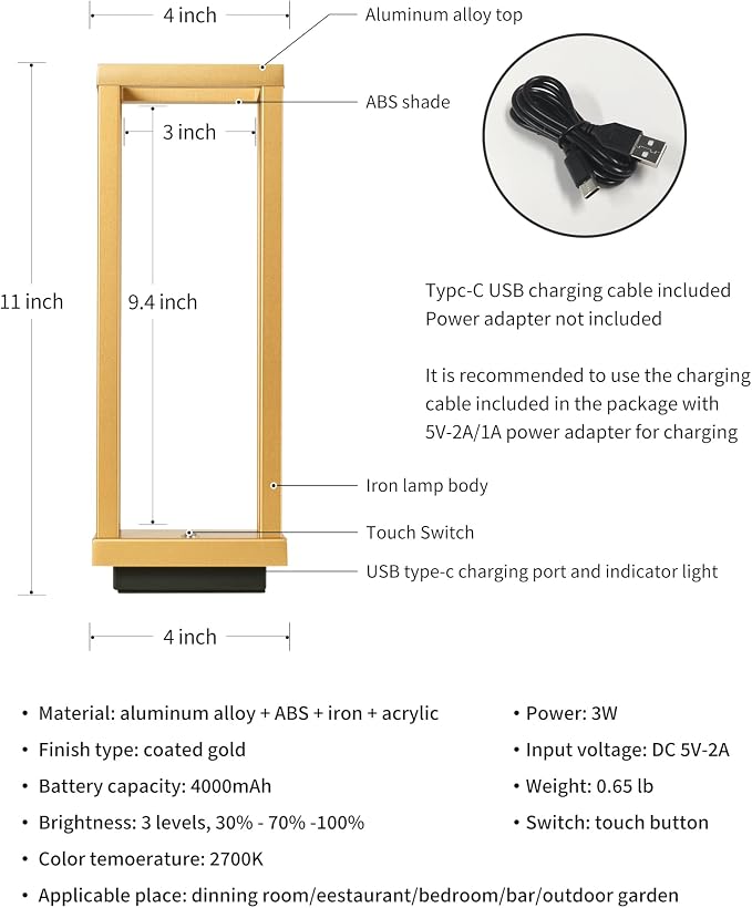 PUSU Cordless Waterproof Table Lamps, Gold Outdoor Rechargeable Desk Lamp | 4000mAh Battery Operated, 2700K 3-Level Dimmable, Portable LED Lighting for Patio, Camping, Bedroom, Night Light - Image 5