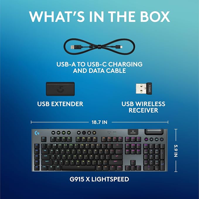 Logitech G915 X Lightspeed Wireless Gaming Keyboard (Linear) - Black | Low Profile, Mechanical Switches, Double-Shot PBT Keycaps, RGB lighting, Aluminum finish, PC/Mac Compatible - Image 9