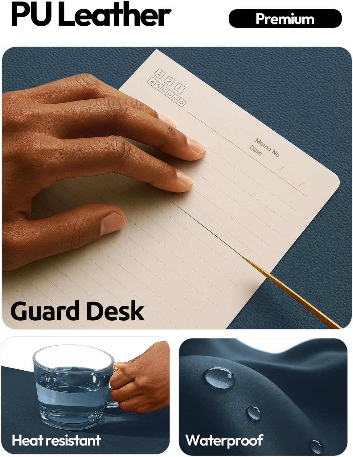 YSAGi Leather Desk Protector, Office Mat, Large Mouse Mat, Non-Slip PU Leather Blotter, Laptop Pad, Waterproof Writing Pad for Office and Home (Dark Blue, 35.4" x 17") - Image 3