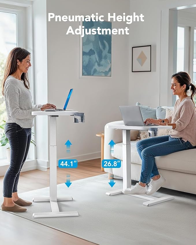 HUANUO 32Inch Bedside Table with Wheels, Height-Adjustable Rolling Computer Cart, Overbed Table with Cup Holder, Pneumatic Laptop Standing Desk for Home Office, White - Image 3