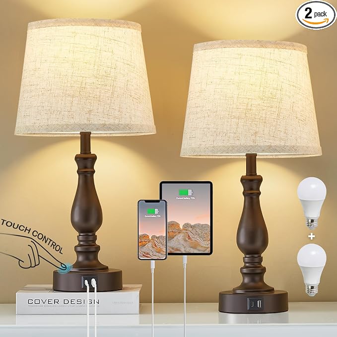 EJIAXIN Table Lamps for Bedrooms Set of 2 - Touch Bedside Lamps with USB C+A Ports - Dimmable Nightstand Lamps for End Tables Farmhouse Night Stand Lamps for Living Room Bed Side Guest Room by WelcometoEJIAXIN