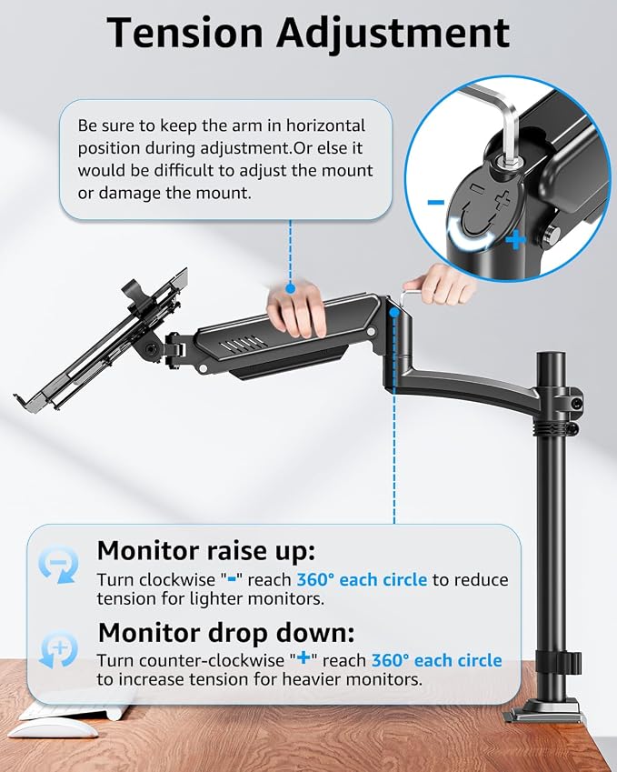 MOUNTUP Laptop Desk Mount, Adjustable Laptop Stand for max 17" Notebook or 32" Monitor, Laptops Arm Mount for Desk Holds 4.4-22lbs, Tall Laptops Stand with Clamp/Grommet - Image 9