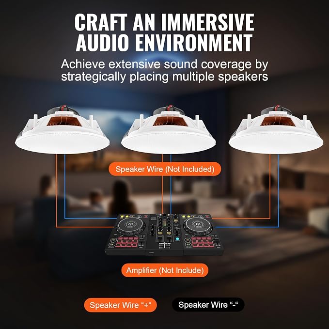 VEVOR 4 PCs 8 Inch in Ceiling Speakers, 400W Flush Mount Ceiling & in-Wall Speakers System with 8" Woofer,1" Tweeter, for Home Kitchen Living Room Bedroom or Covered Outdoor Porches - Image 7