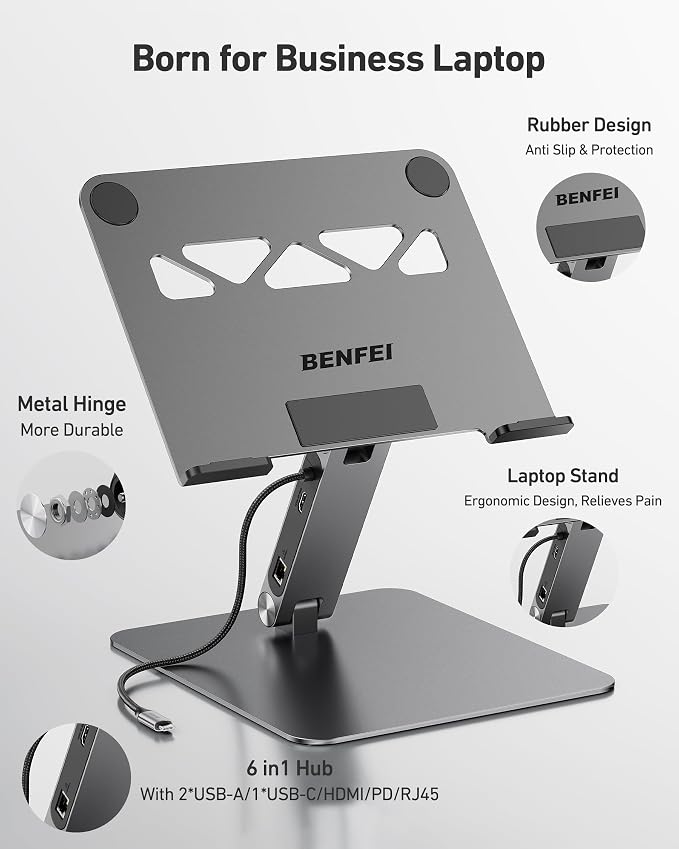 BENFEI Laptop Stand with USB C 6in1 Docking Station, HDMI 4K@60Hz,Gigabit Ethernet, 100W Power Delivery, 10Gbps 1*USB C 3.2 and 2*USB A 3.2 Compatible with MacBook Pro/Air, iPad Pro, XPS, Thinkpad - Image 7