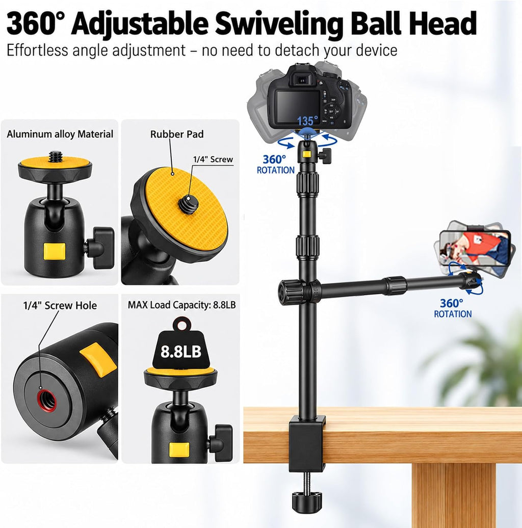 Camera Desk Mount Table Stand with Boom Arm and 1/4" Ball Head, Phone Desk Mount, Overhead Webcam Mount, Adjustable Light Stand Tabletop C Clamp for DSLR Ring Light Live Streaming Photo Video - Image 6