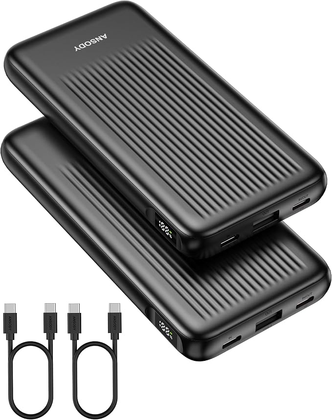 2-Pack Power Bank, 10000mAh 22.5W Fast Charging Portable Charger | Travel Essential, 2 Outputs & 2 Inputs, Slim USB C Digital Display Battery Pack for iPhone Galaxy iPad Tablets, Black & Black by Ansody