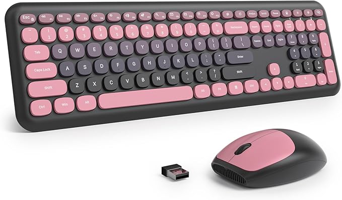Surmen Black Pink Keyboard and Mouse Wireless Quiet, Full-Size Girly Slient Keyboard Retro Typewriter Low-Noise 2.4GHz for Computer, Desktop, Laptop (110-Heimei Pink) by SURMEN