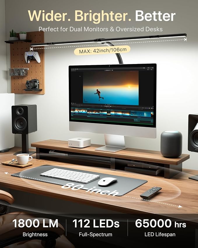 ONEMIX LED Desk Lamp with Clamp, 42-Inch 4-Panel Light for Dual Monitors | 1800 Lumens, 4 Adjustable Panels, 5 Color Temps, 5 Brightness Levels, Remote, Timer, Flicker-Free for Home Office - Image 2