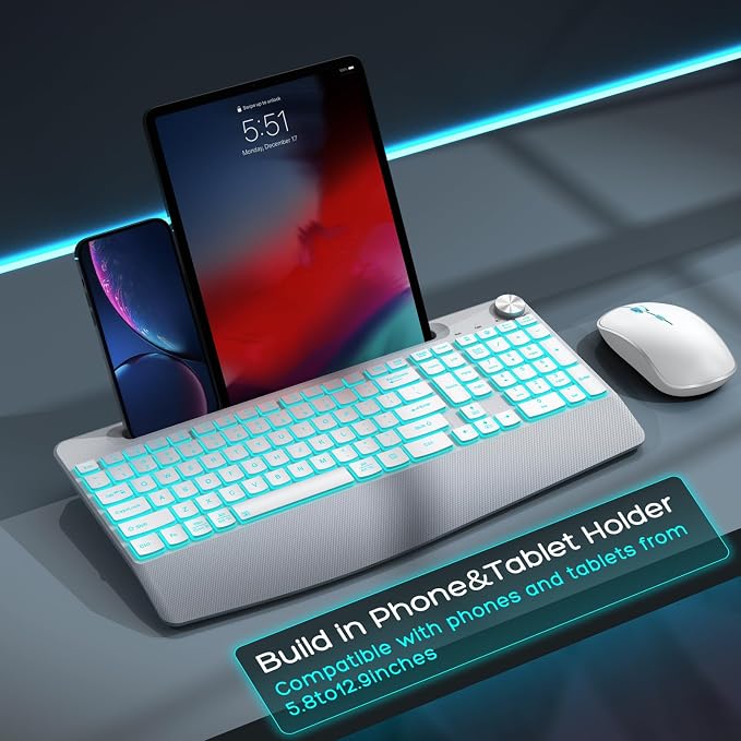 JOYACCESS Ergonomic Wireless Keyboard with Phone Holder,Rechargeable Backlt Wireless Keyboard Mouse Combo with Light Up Keys for for Laptop, PC, Mac, Windows-Silver White - Image 4