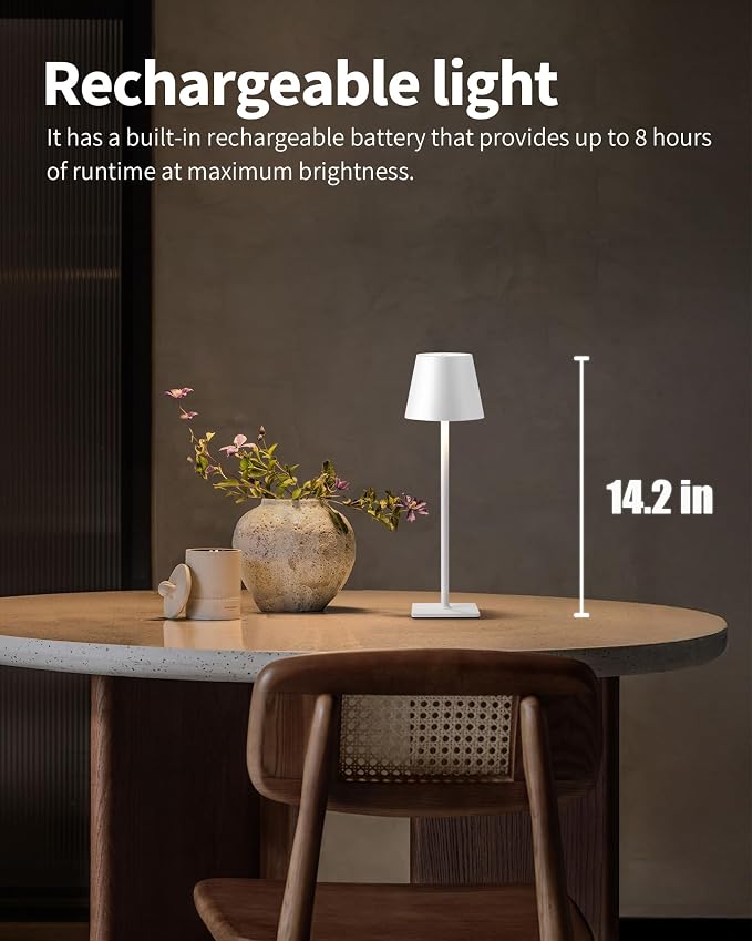 KDG 2 Pack Cordless White Table Lamps, Rechargeable Portable LED Desk Lamps | 5000mAh Battery Operated 3 Color Stepless Dimming Up for Restaurant, Bedroom, Outdoor Party, Camping, Coffee Shop, Nightlight - Image 2