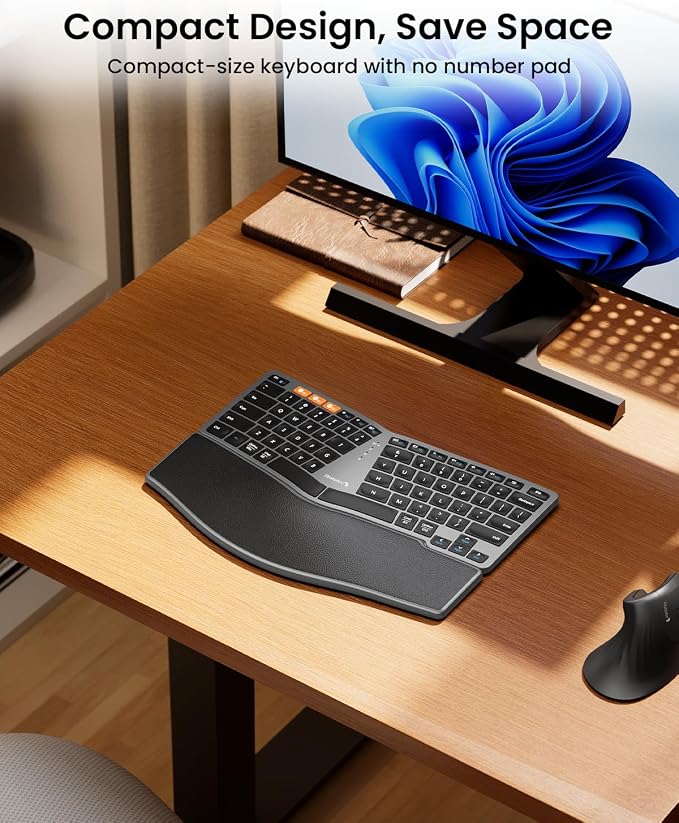ProtoArc EK04 Mini Compact Wireless Ergonomic Keyboard - Space Gray | Hard Palm Rest, 3-Device Bluetooth/2.4G, Split Design, Rechargeable, Compatible with Windows, Mac OS - Image 2