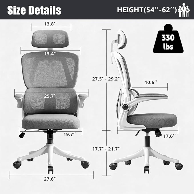 Ergonomic Office Chair with Dynamic Lumbar Support & Adjustable Headrest – High Back Desk Chair with 90° Flip-up Arms, Comfort Mesh Computer Chair for Home Office Long Hours Sitting，Gery - Image 2