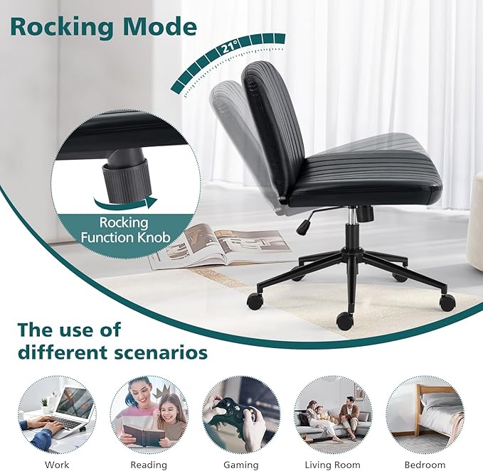 OLIXIS Criss Cross Chair with Wheels, Vanity Chair, Home Office Desk | Wide Seat Armless, Faux Leather, Height Adjustable Swivel Rolling, Home Computer Task Seating for Bedroom Study, Black PU - Image 6