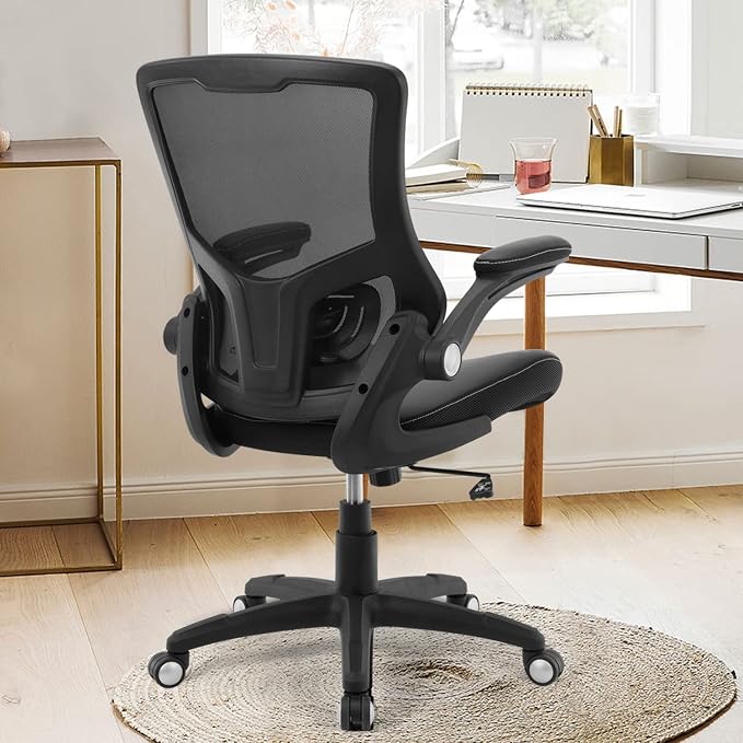 Office Chair Ergonomic Desk Chair, Computer PU Leather Home Office Chair, Swivel Mesh Back Adjustable Lumbar Support Flip-up Arms Executive Task Chair - Image 2